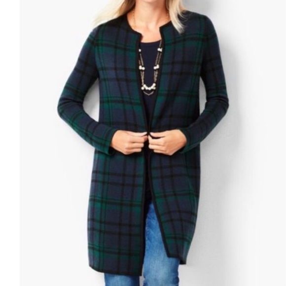 Talbots Merino Wool Sweater Blazer Cardigan Green Plaid...